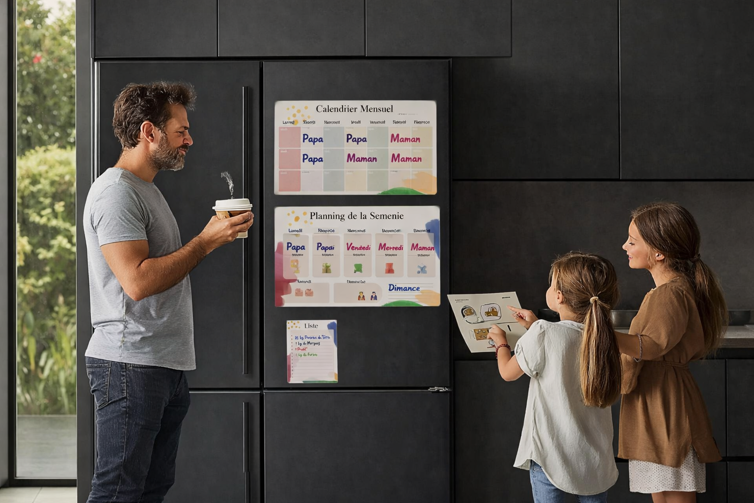 Calendrier magnétique de garde alternée sur frigo, support visuel rassurant pour les enfants
